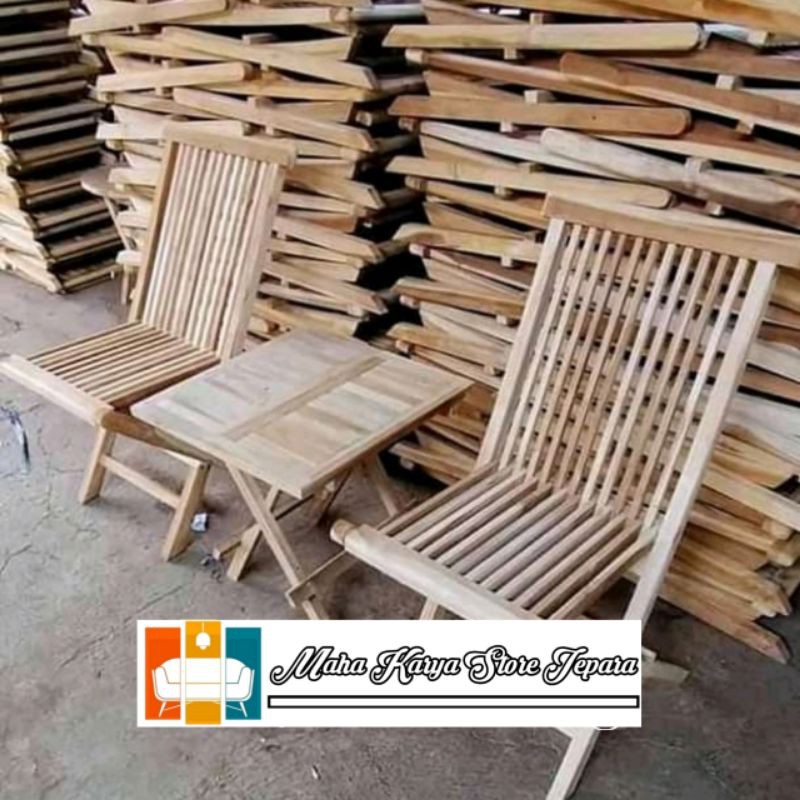 kursi lipat jati jepara finishing natural 2 kursi 1 meja kotak