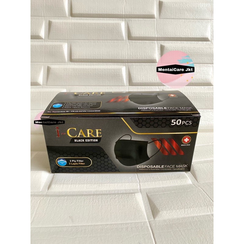 i-Care BLACK Edition Earloop 3ply ICARE Disposable face mask masker hitam bedah