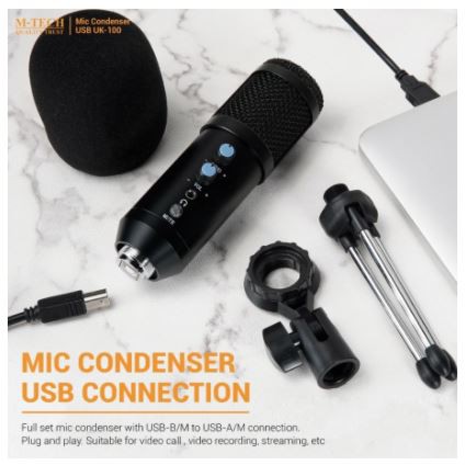 Microphone condenser m-tech wired usb with tripod mic for podcast streaming recording zoom obs uk-100 uk100