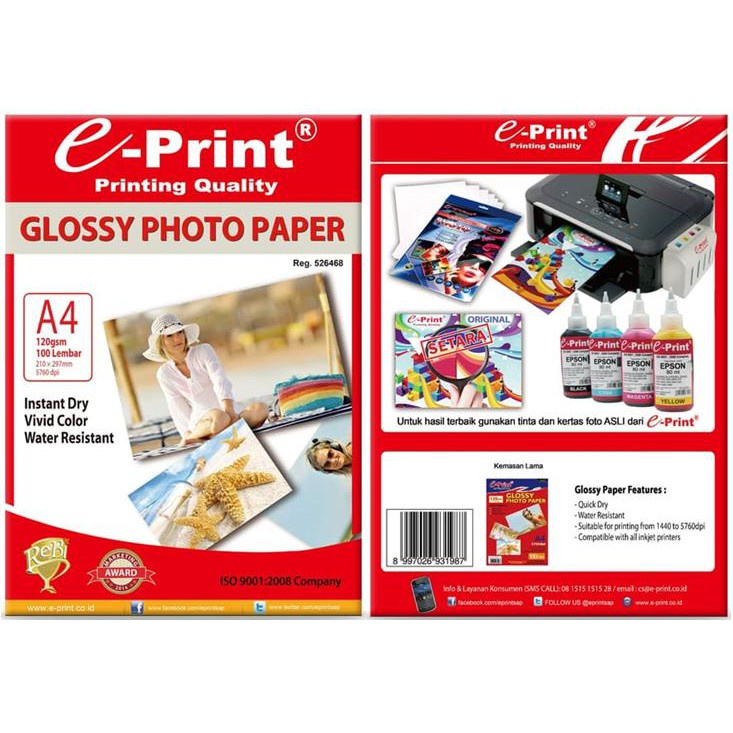 

Kertas Glossy Photo Paper A4 dengan ketebalan 120 gsm isi 100 sheet