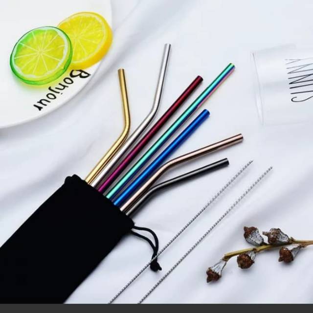 SET sedotan stainless steel straw besi bonus sarung hitam reusable - Silver