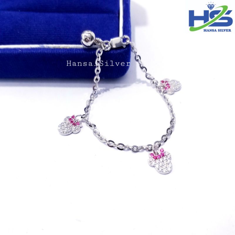 Gelang Perak Anak Asli Silver 925 Lapis Emas Putih Model Rantai Nori Mickey Mouse Permata Pink - Perak Asli 925 Anti karat