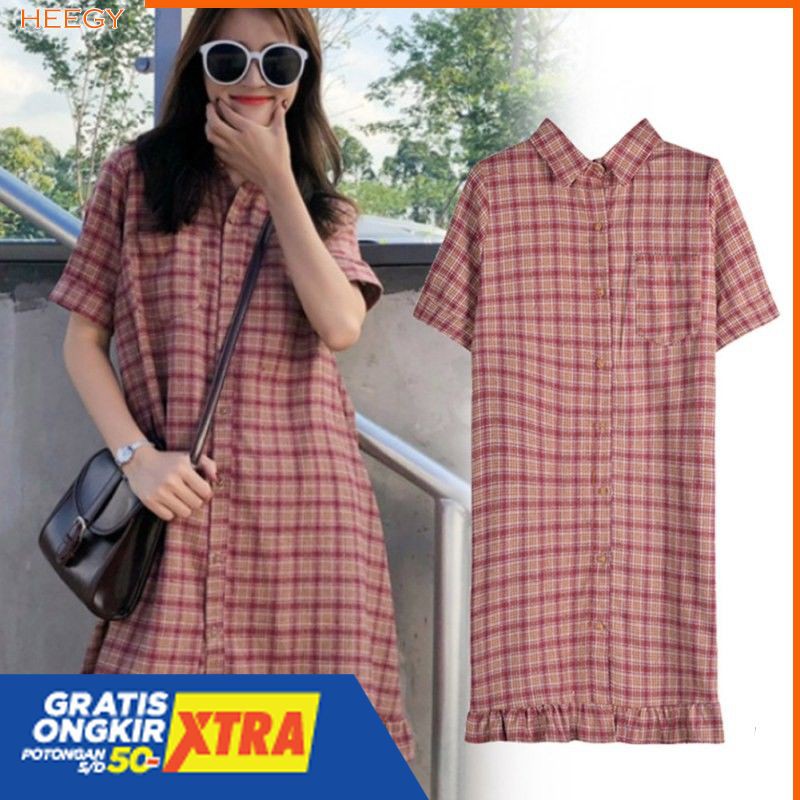 Dress Casual Stitching Lengan Pendek Longgar Oversize dan Motif Kotak-Kotak Gaya Wanita Korea