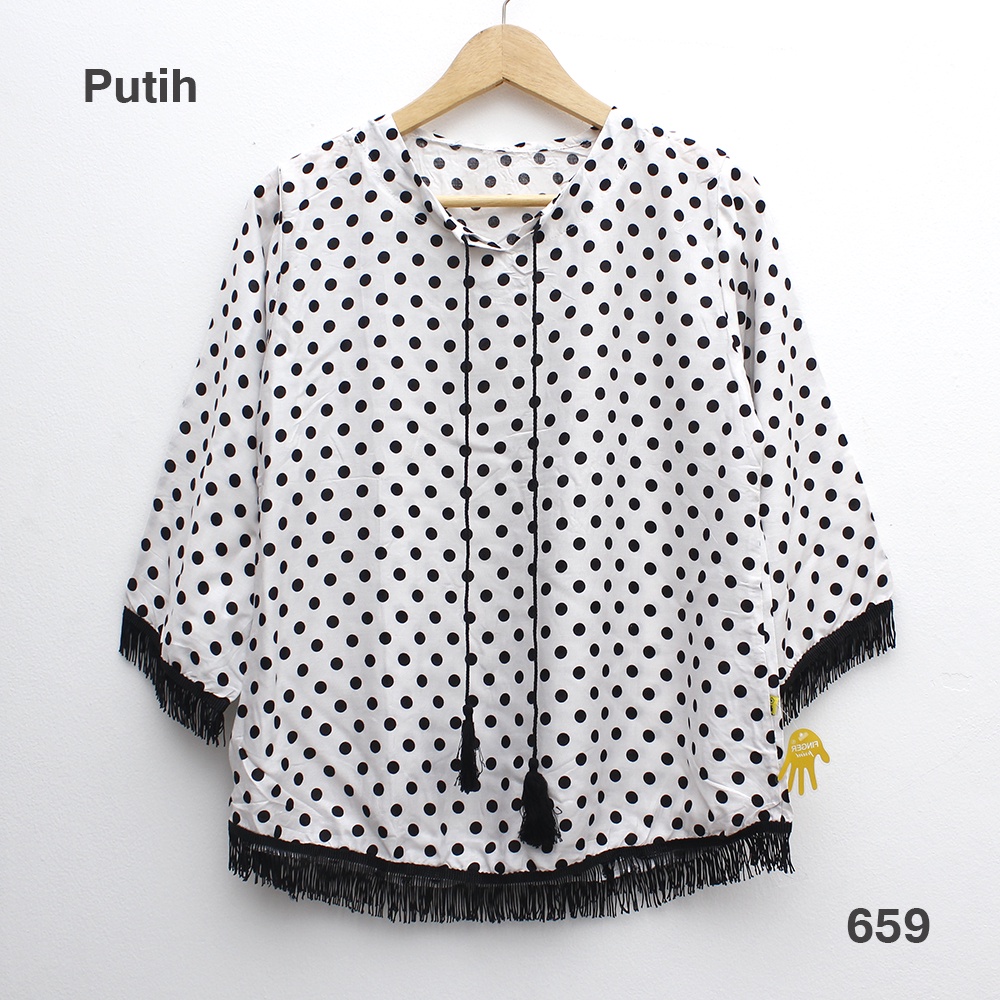 [JakartaFashion] blouse katun motif polka kecil atasan rumbai hitam jambul tali bohemian