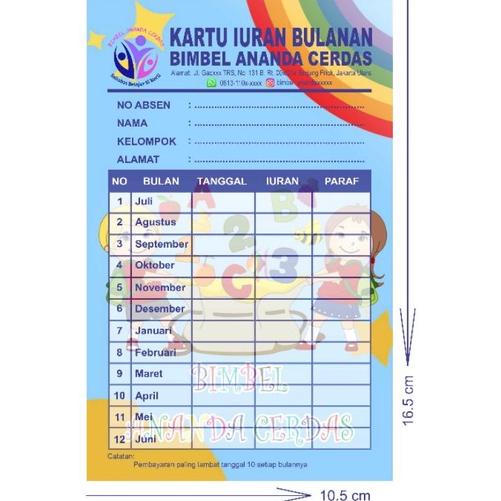 

Terlaris.. KARTU BIMBEL/LES/PRIVAT/ SPP/BULANAN/IURAN/INFAK TK/PAUD 1 PACK ISI 30 PCS CUSTOM NAMA, ALAMAT DAN LOGO SEKOLAH