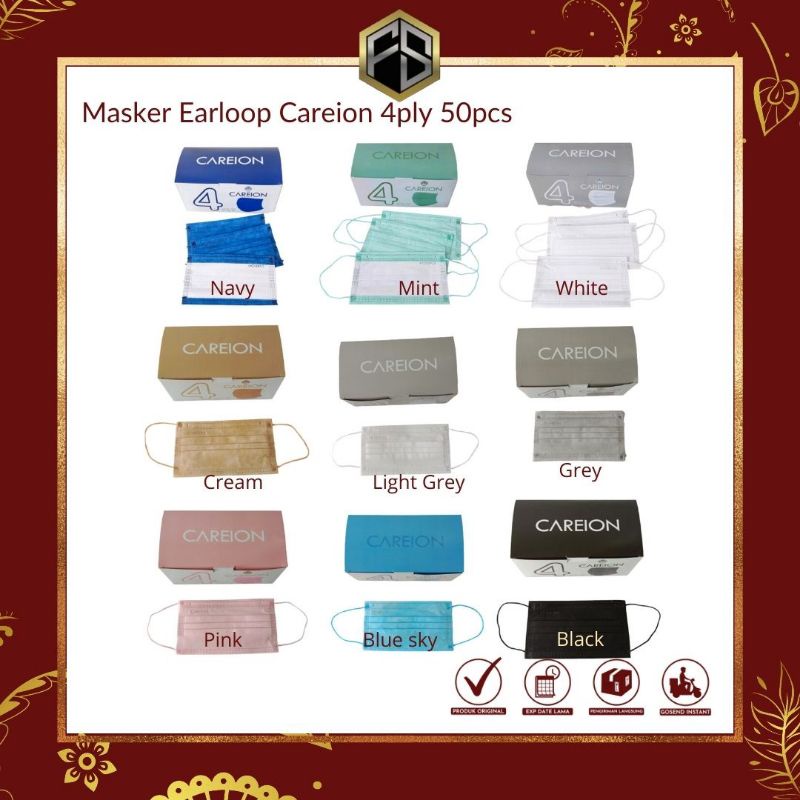 Masker Careion 4 ply Earloop Kualitas Premium Black White Purple Matcha Mint Grey Shrimp Navy Blue J
