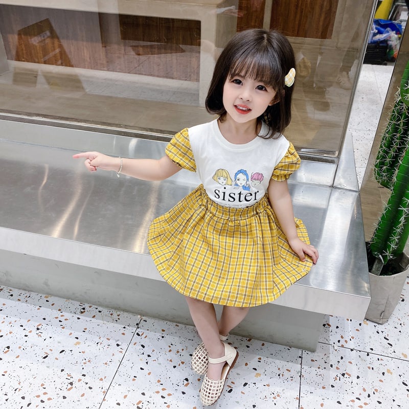 Promo !! Setelan baju anak perempuan / Setelan three sister square import ukuran 1-2 tahun (pink,kuning)