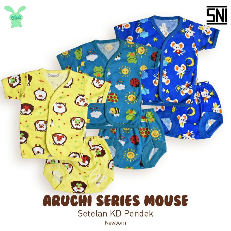 3 SET Aruchi MOTIF Setelan Pendek / Panjang Kancing Depan NEWBORN