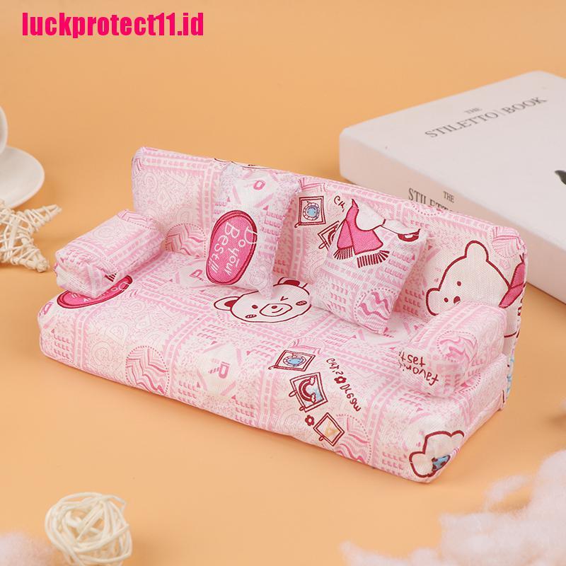 Lucktoy Miniatur Sofa Motif Bunga Dengan 2 Bantal Untuk Aksesoris Rumah Boneka