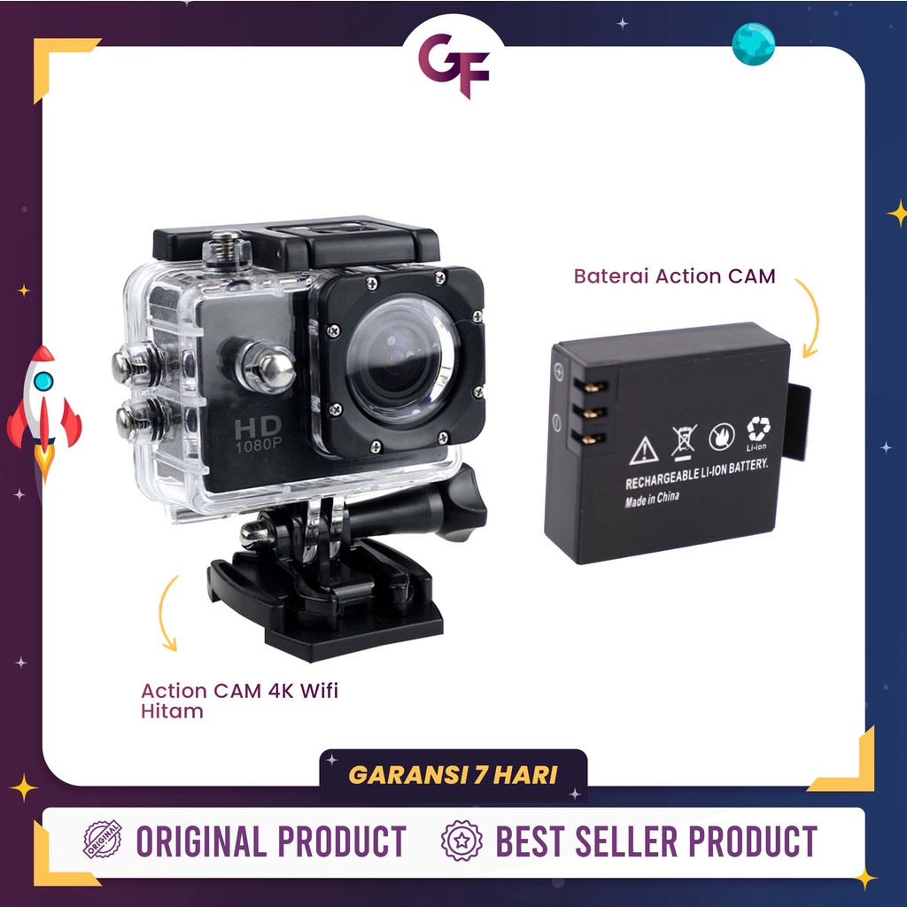 ACTION CAMERA 4K DAN 1080 HD WATERPROOF 900 MAH AKSESORIS LENGKAP - GOODFELLAS-HITAM WIFI + BATERAI