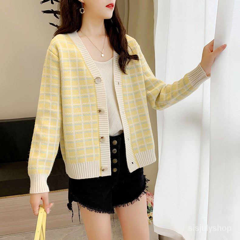 #Sisjuly# Wanita Kotak-kotak Sweater Jaket Baru Single Breasted Pakaian Luar V Neck Knit Cardigan Wa