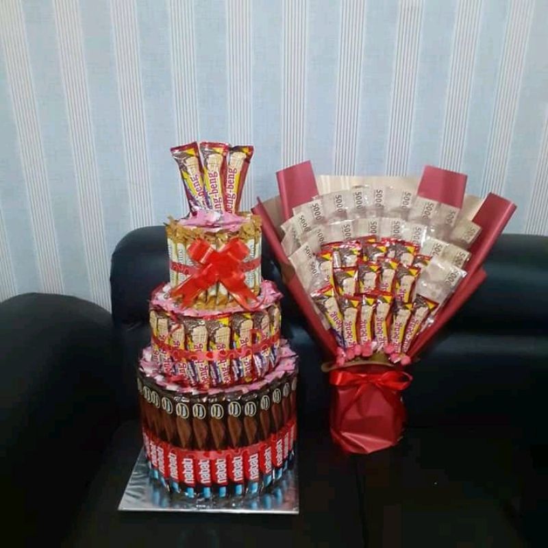 

Kue Ultah Snack tower 2 tingkat utk hadiah ulang tahun/wisuda/khitanan/aniv/dll
