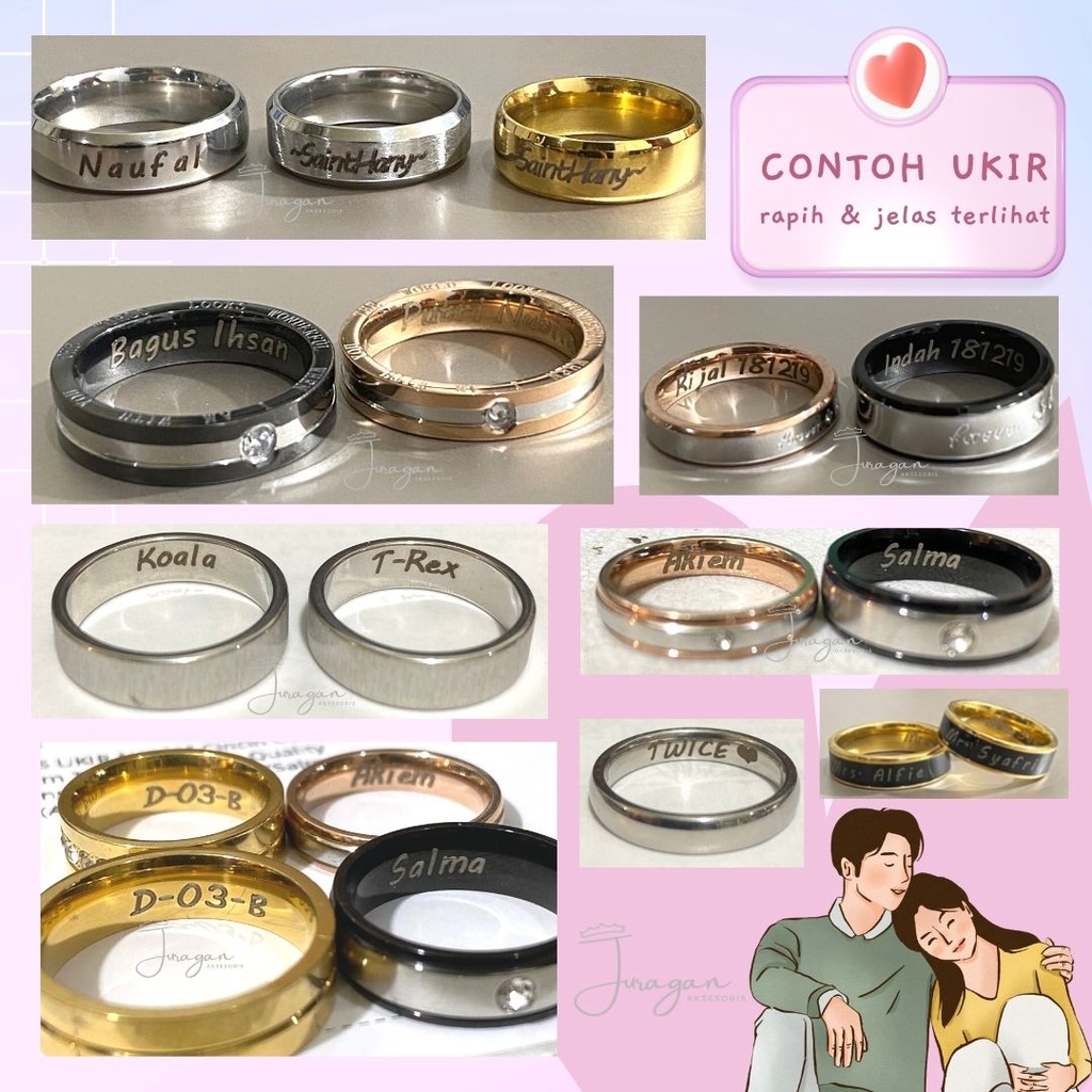 [HIGH QUALITY] Cincin Couple BUCIN R99 Titanium Ukir Nama + Box Cincin Beludru + BONUS Gelang Couple