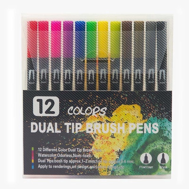 Fine Liner Dual Tip Brush Pen Felt-Tip Pen Drawing Painting Watercolor Art Marker Pens School Supplies