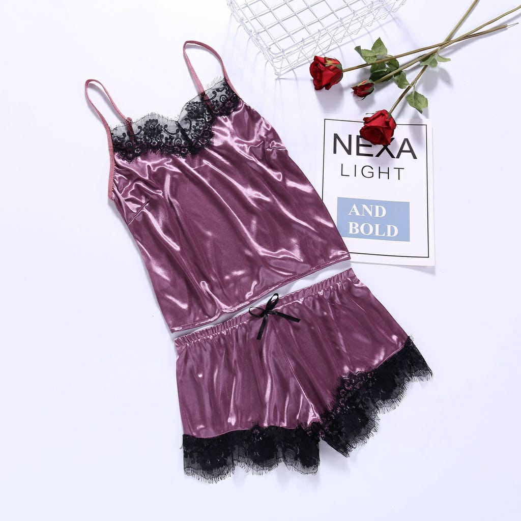 PM Pakaian Dalam Wanita Set Lingerie Celana Renda Seksi + Tank Top Set Baju Tidur Malam baju tidur set baju celana - 3123-Purple