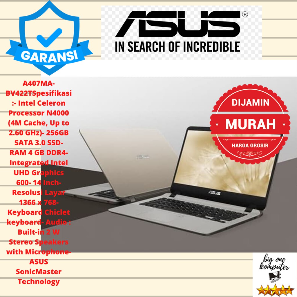 ASUS A407MA BV421T/BV422T Intel N4000,4 GB ,256GB SSD,14",Win 10 resmi - gold