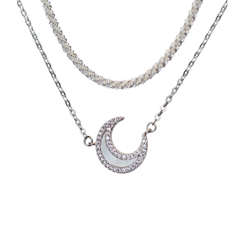 Kalung Rantai Klavikula Desain Bulan Ganda Warna silver Gaya Korea Untuk Perempuan