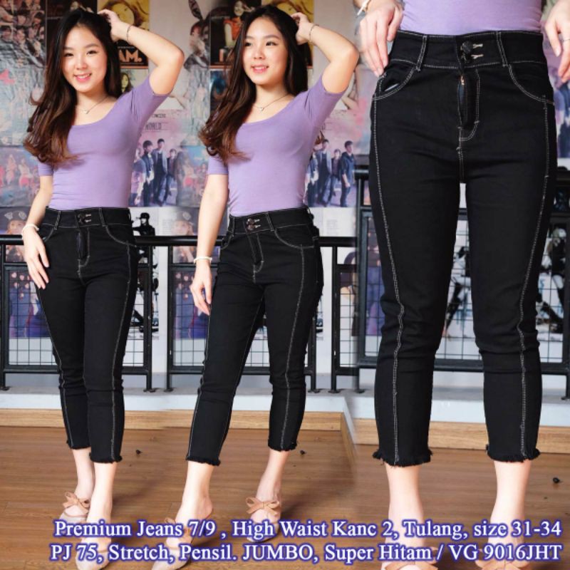 Celana jeans 7/9 wanita VG 9016 hitam JUMBO high waist