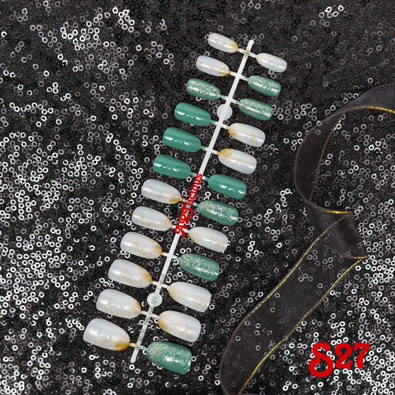 S27 BATANGAN KUKU PALSU HIJAU TOSCA PUTIH GOLD FALSE NAIL  NAIL ART  WEDDING FOR BRIDE MURAH