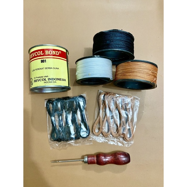 Paket Murah Alat Jahit Sepatu Jarum + Tali Benang Coklat Hitam+Lem + Benang Nilon Hitam Putih Coklat