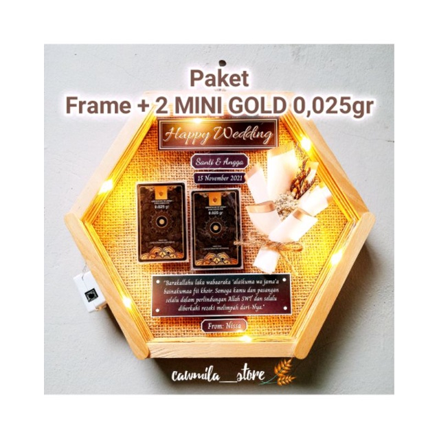 Mini Gold 0,025gr, 0,05gr, 0,1gr in Hexa Frame (Free Giftbox Rustic)| Mini Gold in Frame | Kado Pernikahan, Kado Ulang Tahun, Wisuda, Anniversary, dll. kekinian bingkai hexagonal stik es krim-Isi 2 MG 0,025gr