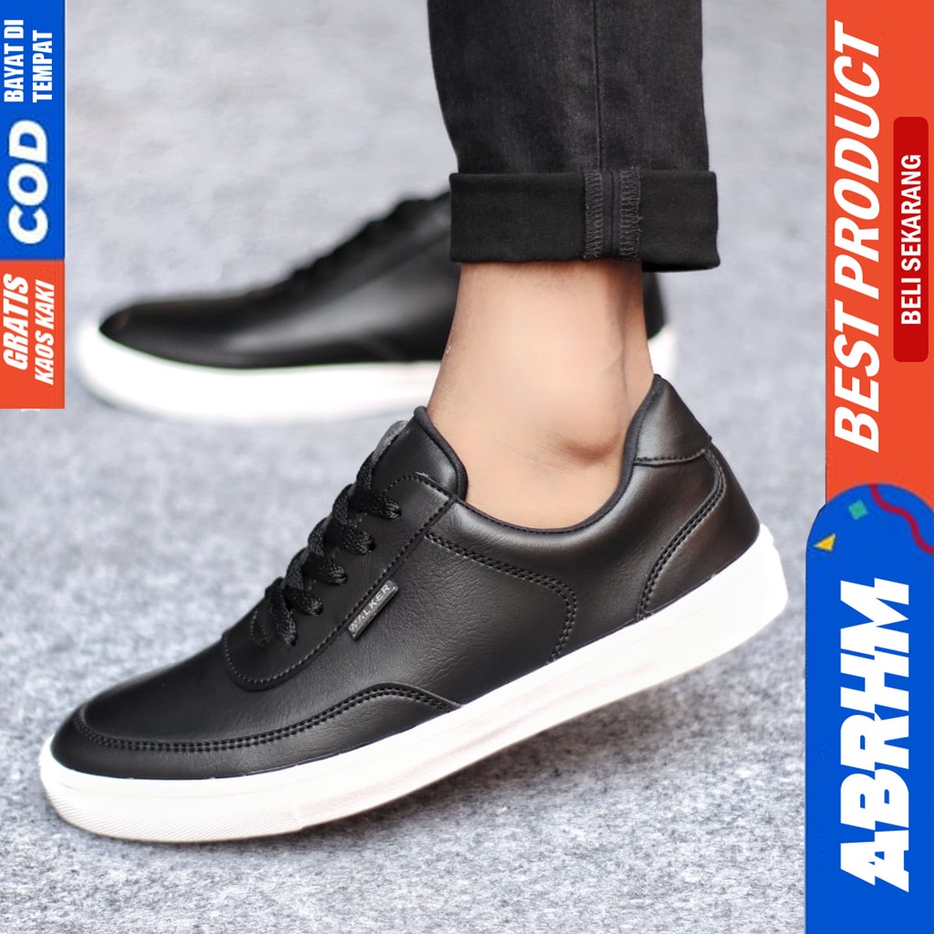 Sepatu Casual Pria Sneakers Hitam Kasual Kulit Pu Kekinian Kerja Kuliah Kantor Fashion Shoes Terbaru ABRHM TIAGO