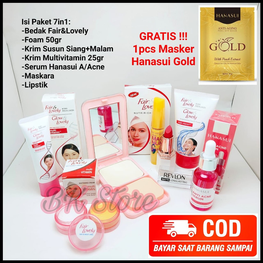 Paket Kecantikan 7in1 Free Masker Hanasui Gold/Bedak+Multivitamin 25gr+Foam 50gr+Krim Susun+Lipstik+
