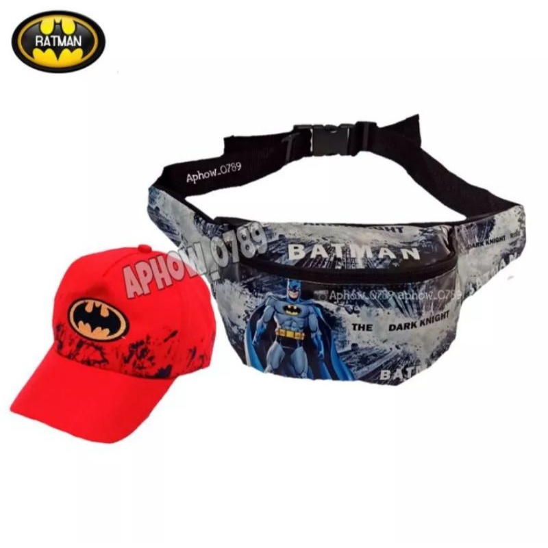 PAKET 2IN1 WAISTBAG DAN TOPI ANAK KARAKTER BATMAN TAS SELEMPANG ANAK LAKI LAKI