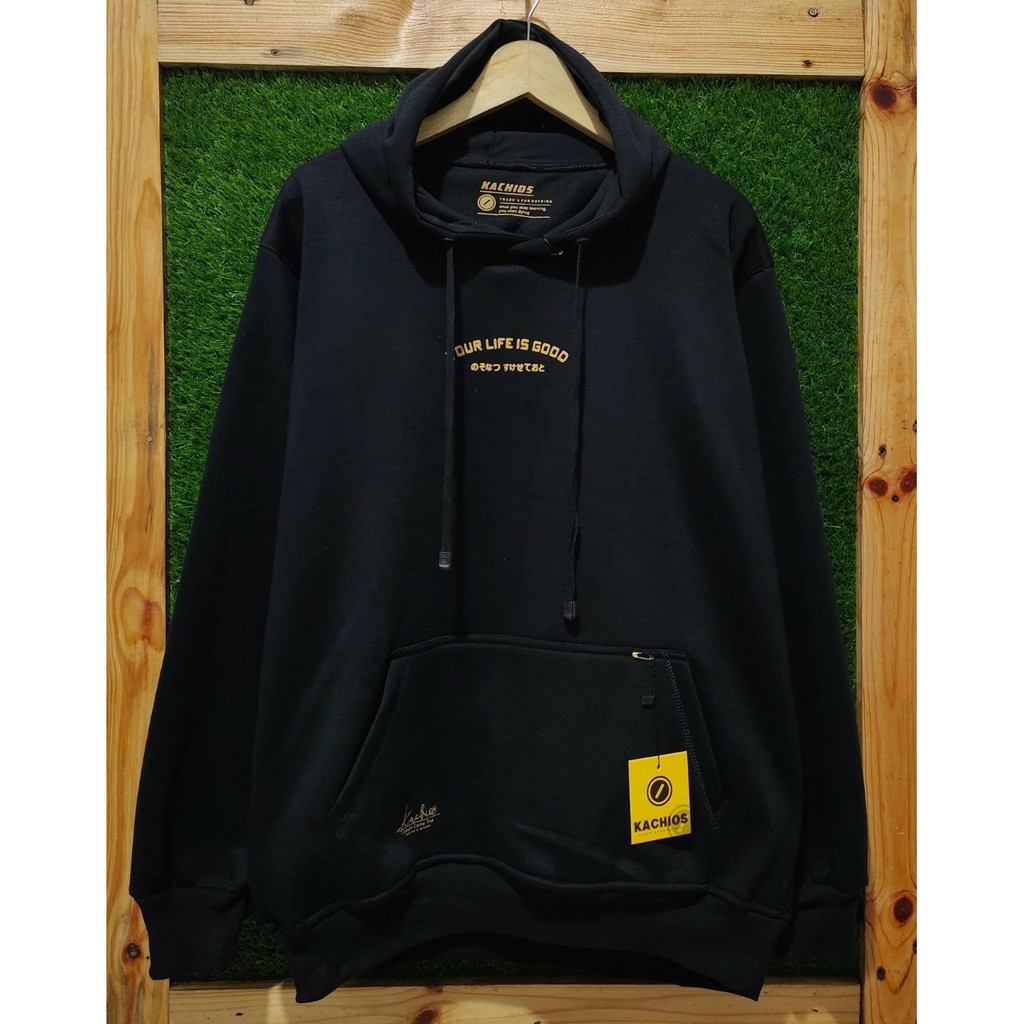 Sweater Hoodie Distro Pria Kachios Warna hitam YOUR LIFE IS GOOD Simple Suwiter Distro Pria Bandung 