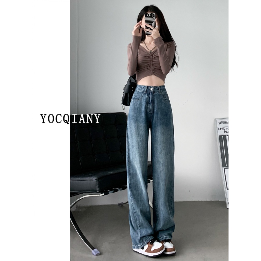 Biru retro korean style kekinian import loose straight celana jeans panjang wanita