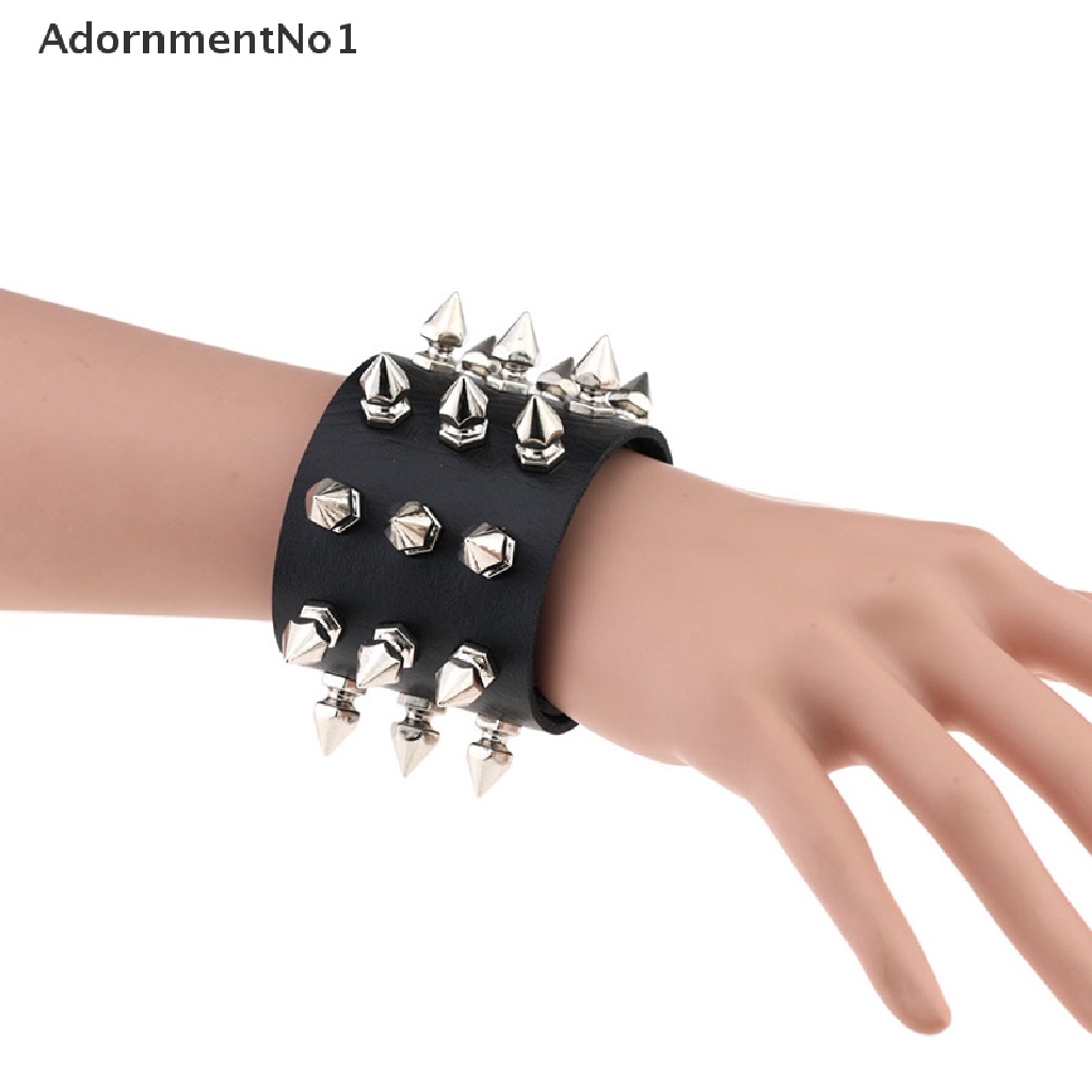 (AdornmentNo1) Gelang Tangan Kulit PU Lebar Aksen Rivet Tiga Baris Gaya Punk Gothic Rock Untuk Wanita