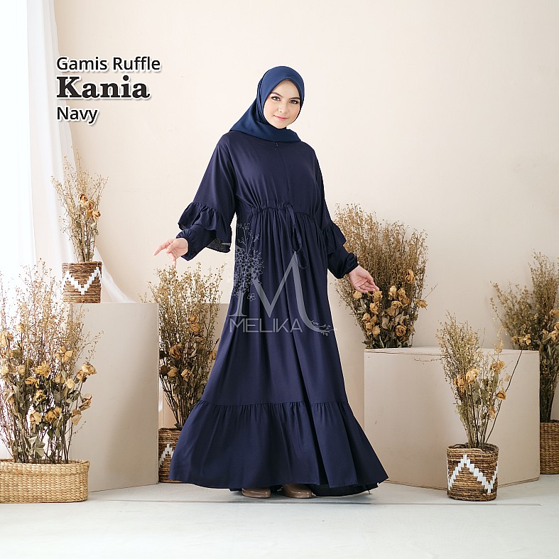 Gamis Wanita Dewasa Bahan Rayon Premium Adem Polos Busui Friendly Ruffle Kania Navy Biru Tua Dongker