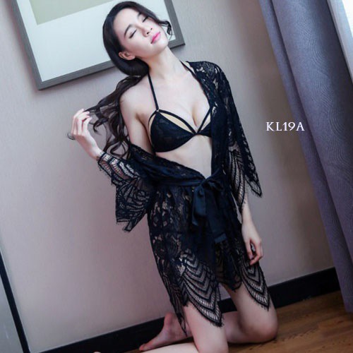 [BISA COD] BAJU KIMONO WANITA PIYAMA SEXY BABYDOLL LACE HITAM KL19A