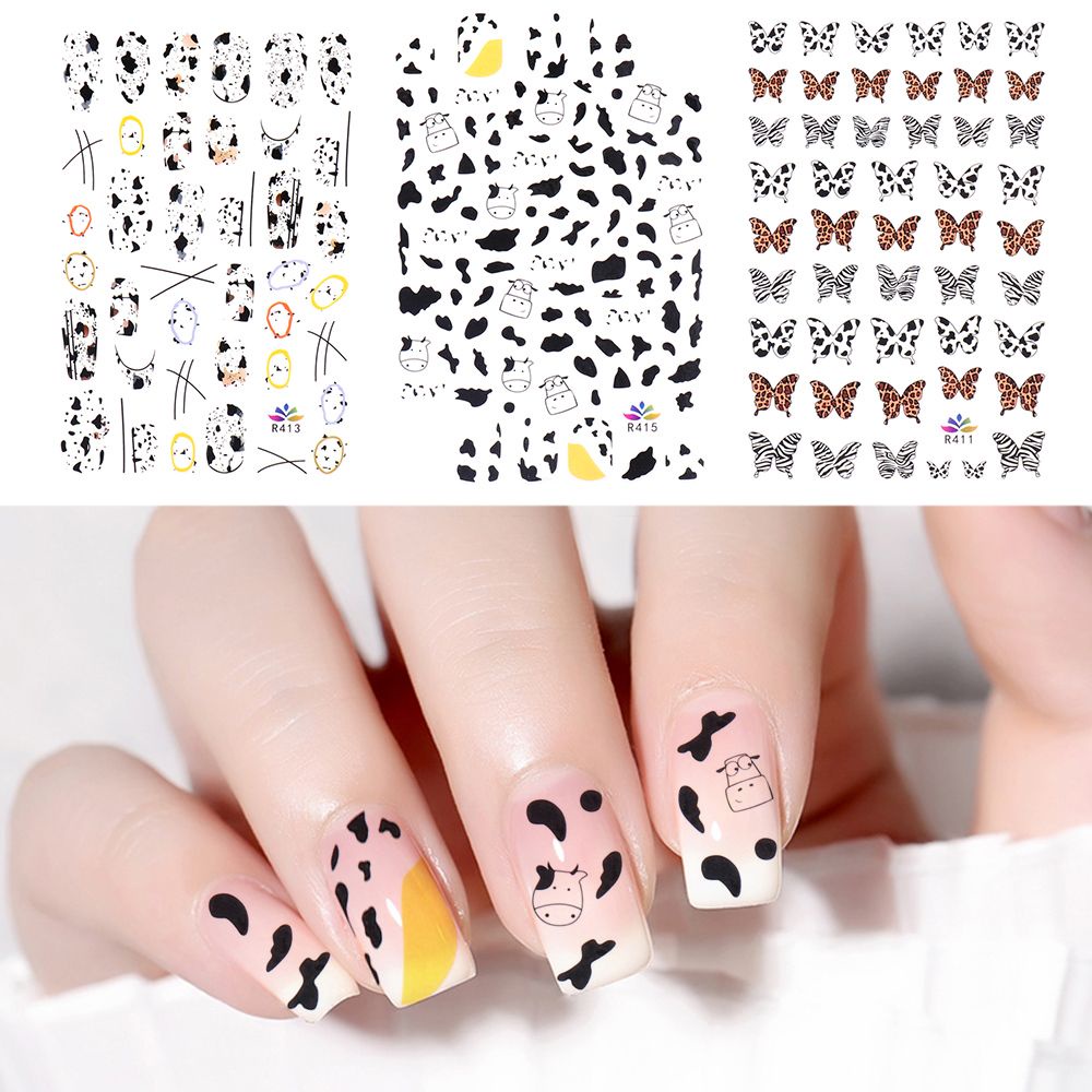1 Lembar / Pak Stiker Kuku Transfer Air Motif Sapi / Kupu-Kupu / Geometri 3d Untuk Nail Art Diy