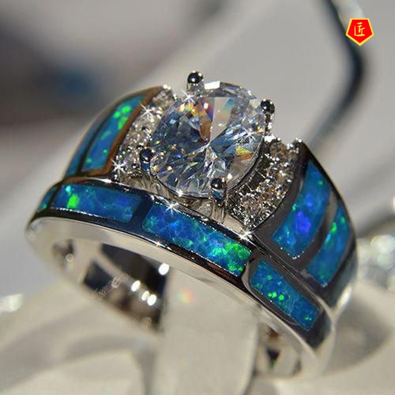 [Ready Stock]Luxury Fashion Blue Opal Inlaid Diamond Ring Set