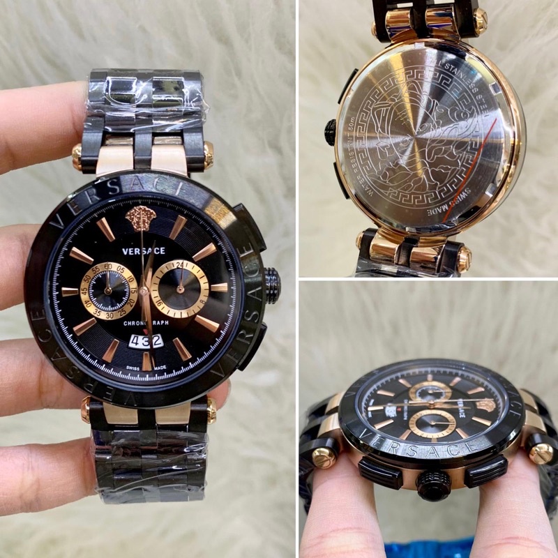 JAM TANGAN PRIA VERSACE CHORONOGRAPH RANTAI HITAM ROSEGOLD