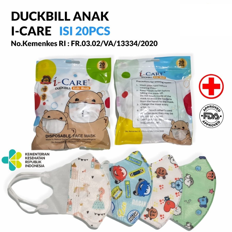 Masker Duckbill KIDS I-CARE 3D Untuk 3-12 Tahun - 1 Pack - 20 Pcs