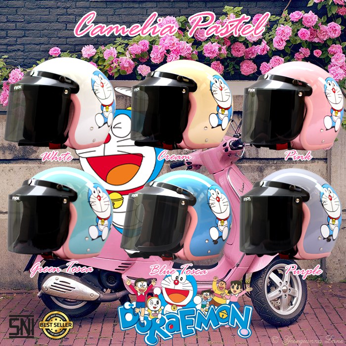 HELM BOGO CAMELIA PASTEL DORAEMON DEWASA KACA DATAR SMOKE