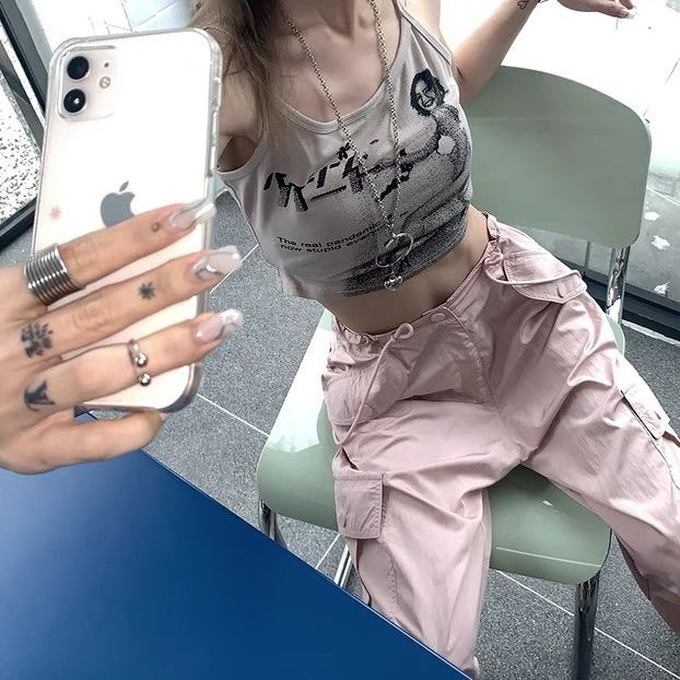 Red Amerika retro manis dan keren gaya gadis panas pixel Amerika Latin cetak potret surat kamisol pendek top musim panas wanita