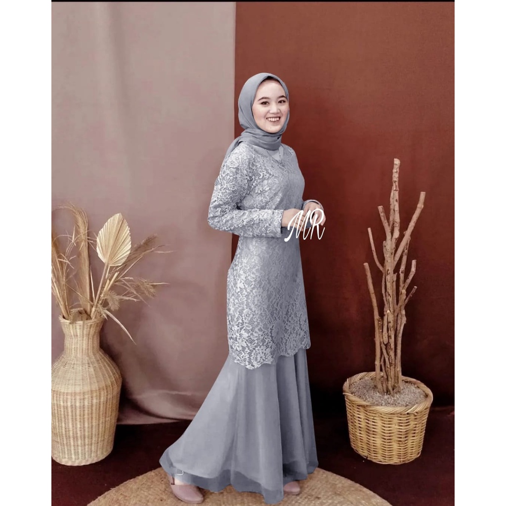 Terlaris - Gamis Wanita Brukat Lapis Furing Kombinasi Tile Dress Wanita Brokat Maxi Tyas Baju Busana
