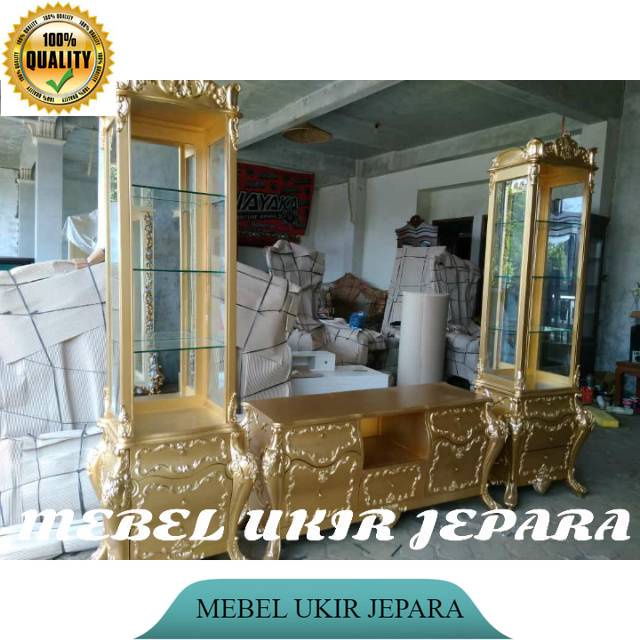 Lemari pajangan tv mewah cat gold kayu jati asli, mebel ukir jepara