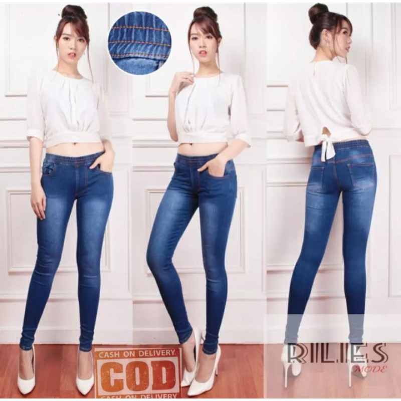 Celana jeans wanita pinggang karet-Streat-lajing