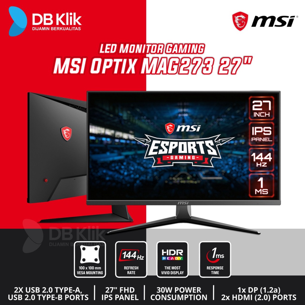 LED Monitor Gaming MSI Optix MAG273 27" 144Hz FHD HDMI DP - MAG 273