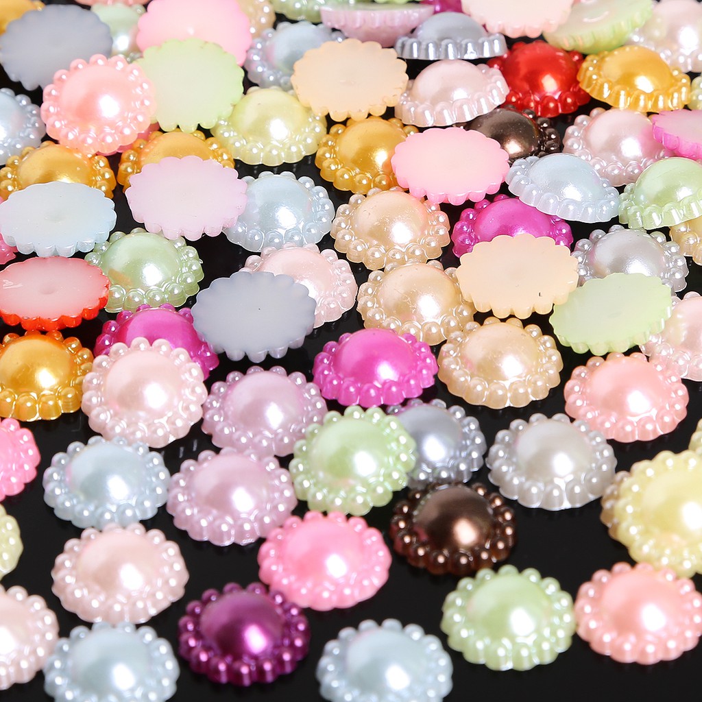 High Quality 50 pcs/lot 12 mm Multi Colors Imitation Pearls Half Round Flatback Flower Beads For Scrapbook DIY Decoration