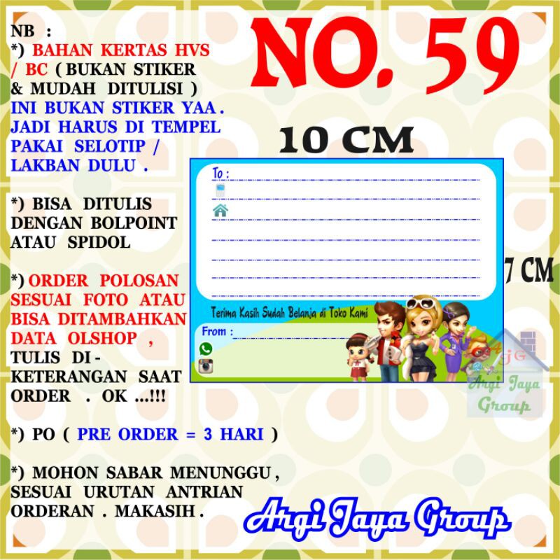 Label Pengiriman Alamat Olshop Murah Nomer 59 - 10x7cm - Kertas BC (Manila)