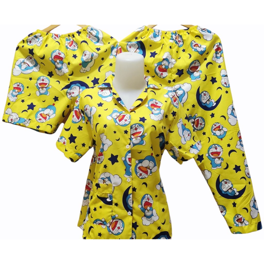 SEASOND IND 3in1 Piyama/Baju Tidur Wanita Dewasa Hello Kitty/L Fit to XL-doramoon kuning
