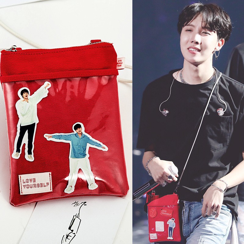 KPOP BTS Tas Selempang / Bahu Mini Bahan Kanvas Motif Tulisan "Love Yourself" untuk Handphone