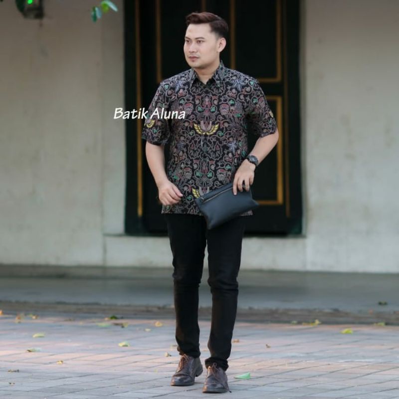 Batik Pria Lengan Pendek Premium Prabuseno Keris modern free masker Aluna SKU 019-4