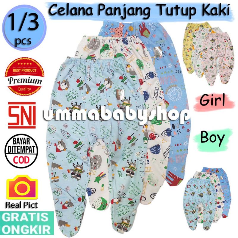 Bundle 3 Pcs Celana Panjang Tutup Kaki Bayi Baru Lahir Motif Random SNI 100% Cotton