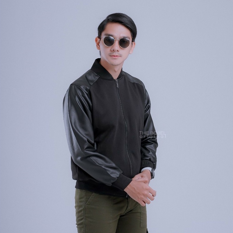 JAKET BOMBER PRIA EKSLUSIVE KOMBINASI SEMI KULIT DAN FLEEC SWEATER,NYAMAN DI PAKAI